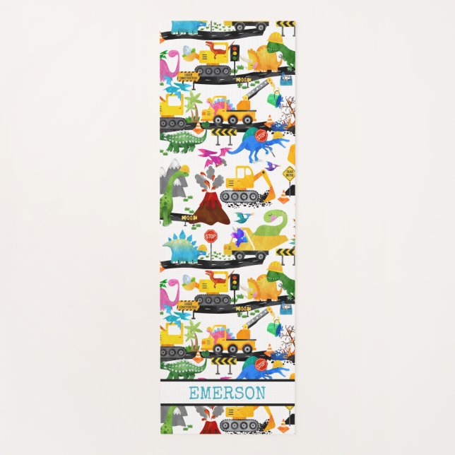 Watercolor Dinosaur Construction Kids Cute Yoga Mat (Front)
