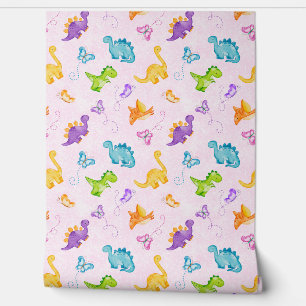 Watercolor Dinosaur Dino Butterfly Pink Baby Girl  Wallpaper