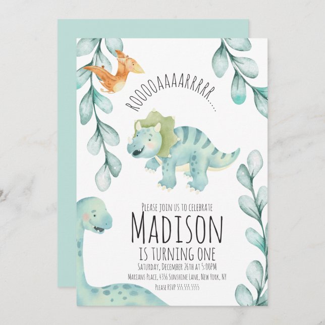 Watercolor Dinosaur First Birthday Party Blue Invitation (Front/Back)