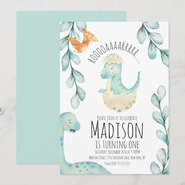 Watercolor Dinosaur First Birthday Party Teal Invitation (Front/Back)