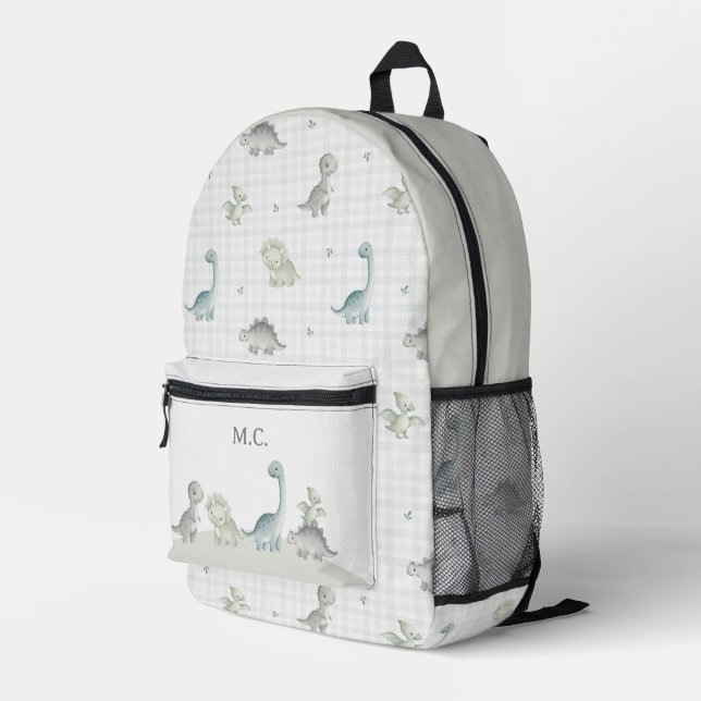 Watercolor Dinosaur Gingham Plaid Personalize Boys Printed Backpack (Back Corner Right)
