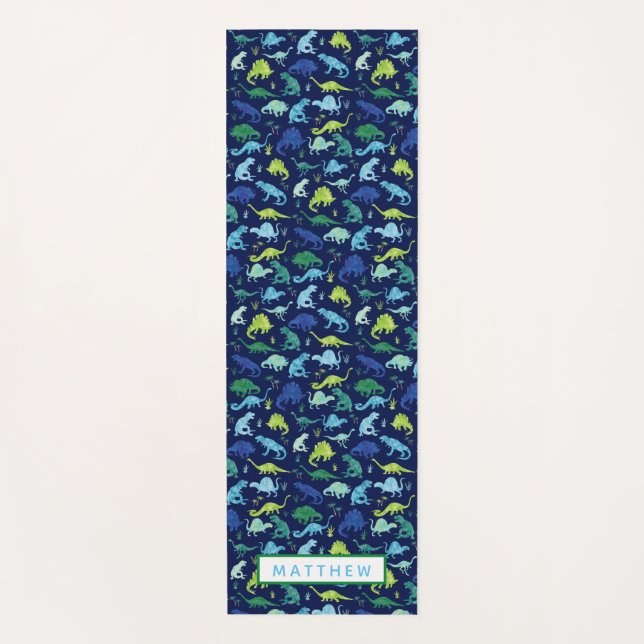 Watercolor Dinosaur Pattern Blue Green Kids Yoga Mat (Front)