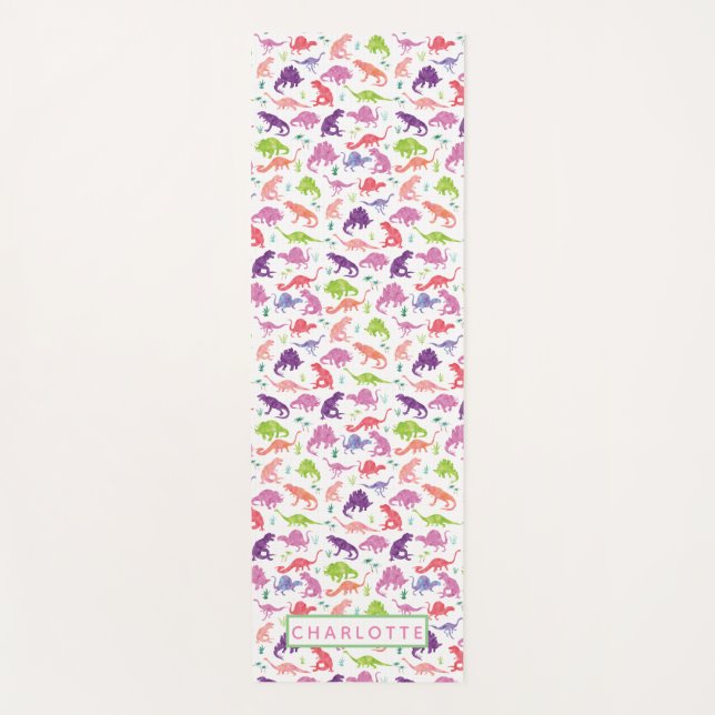 Watercolor Dinosaur Pattern Personalized Kids Pink Yoga Mat (Front)
