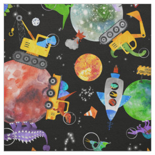 Watercolor Dinosaur Space Construction Cute Kids Fabric