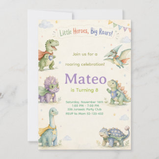Watercolor Dinosaur Superhero Birthday Invitation