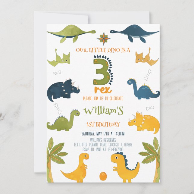 Watercolor Dinosaur Three Rex 3rd Birthday Invitation (Front)