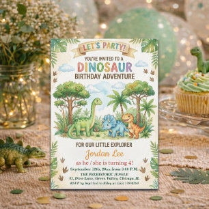 Watercolor Dinosaurs Jungle 4th Birthday Party Invitation