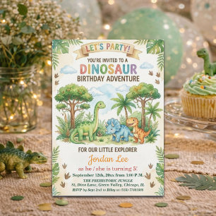 Watercolor Dinosaurs Jungle 5th Birthday Party Invitation