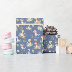 Watercolor Dinosaurs on Dark Blue-Grey Wrapping Paper
