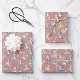Watercolor Dinosaurs on Dark Rose Pink Wrapping Paper Sheet
