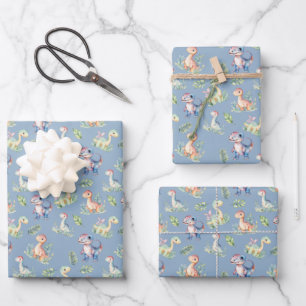 Watercolor Dinosaurs on Grey Blue Wrapping Paper Sheet
