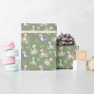 Watercolor Dinosaurs on Olive Green Wrapping Paper
