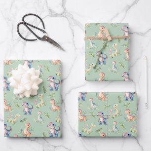Watercolor Dinosaurs on Sage Green Wrapping Paper Sheet