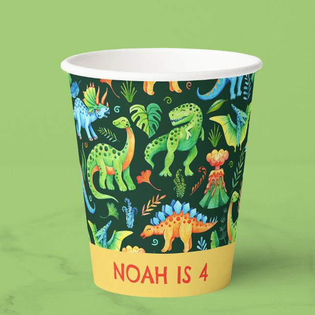 Watercolor Dinosaurs Pattern Boys Birthday Paper Cups (Watercolor Dinosaurs on Dark Green Boys Birthday Paper Cups)