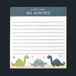 Watercolor Dinosaurs Science Teacher Notepad<br><div class="desc">Dinosaur themed science teacher notepad with name template on a blue background. A cute personalized writing paper pad that is lined and features watercolor stars, triceratops, stegosaurus, and brachiosaurus. This dino themed notepad would make a thoughtful teacher appreciation gift or fun back to school stationery for a daycare caregiver, preschool...</div>