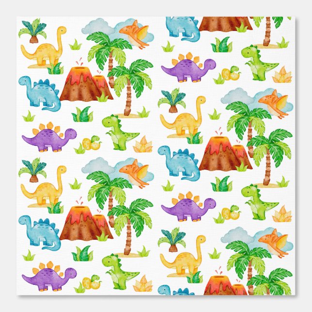 Watercolor Dinosaurs Trex Volcano Palm Trees Kids  Wallpaper (Front)