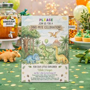 Watercolor Dinosaurs Volcano 4th Birthday Party Invitation
