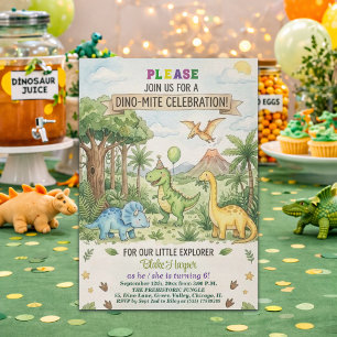 Watercolor Dinosaurs Volcano 6th Birthday Party Invitation