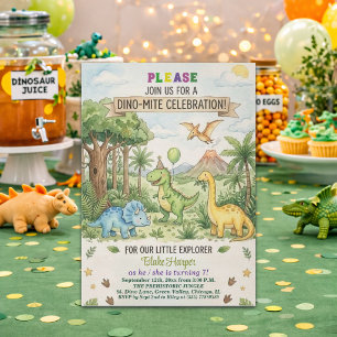 Watercolor Dinosaurs Volcano 7th Birthday Party Invitation