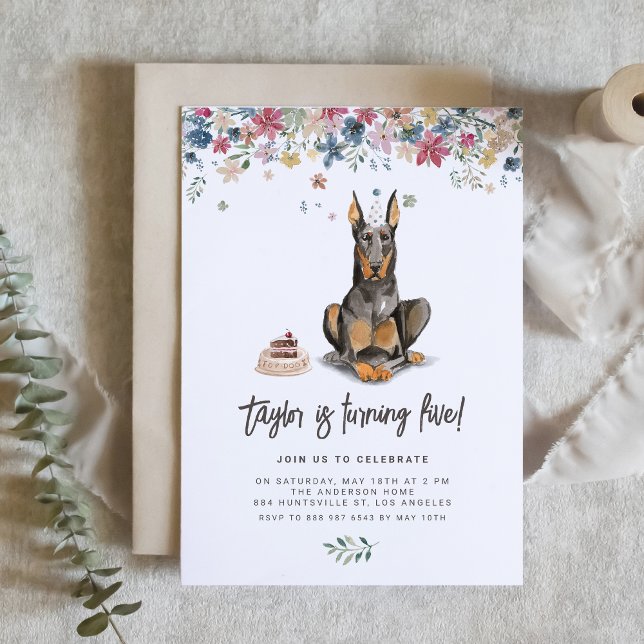 Watercolor Doberman Pinscher Dog Birthday Invitation (Celebrate your furry friend’s special day with our charming Dobermann dog birthday invitation.)