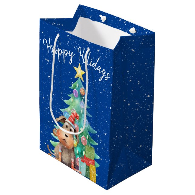 Watercolor Dog and Christmas Tree Medium Gift Bag (Front Angled)