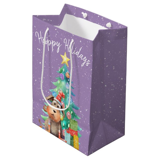 Watercolor Dog and Christmas Tree Medium Gift Bag (Front Angled)