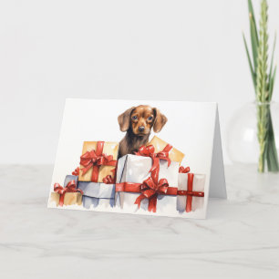 Watercolor Dog Behind Christmas Gifts Card