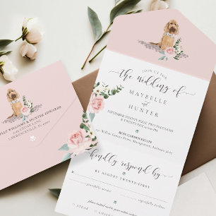 Watercolor Dog & Elegant Pink Rose Floral  All In One Invitation