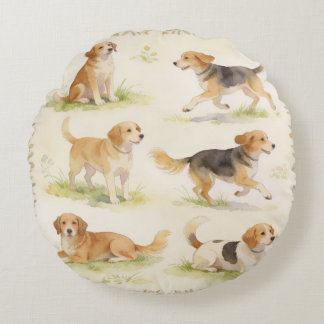 Watercolor Dog Floral Quartet Round Pillow