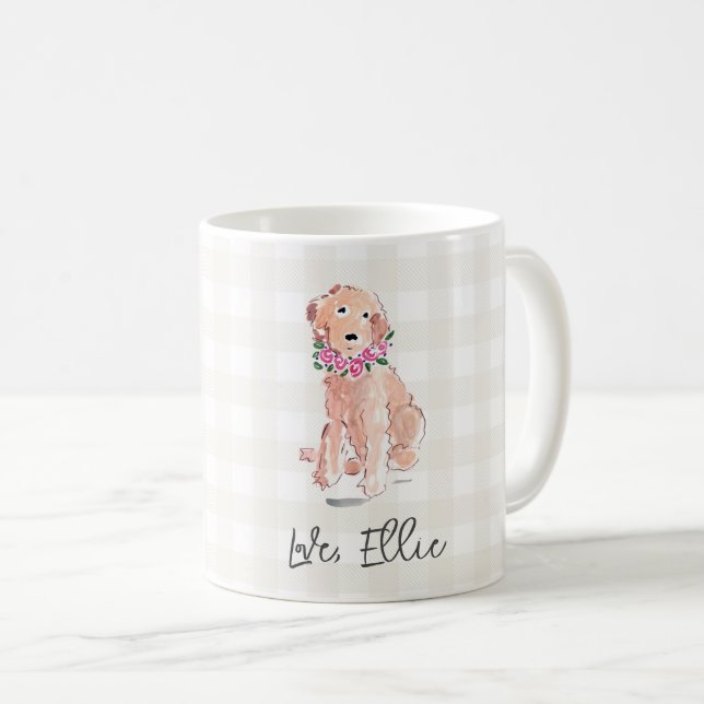 Watercolor Dog Flowers Love, Name Gingham Sweet Coffee Mug (Front Right)