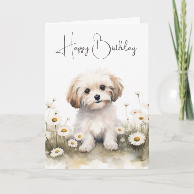 Watercolor Dog In Daisies Card (Front)