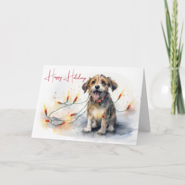 Watercolor Dog Tangled In Holiday Lights Card (Front)
