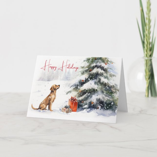 Watercolor Dog With Christmas Tree Card (Front)