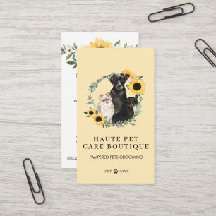 Watercolor Dogs Sunflower Floral Wreath Pet Care Business Card