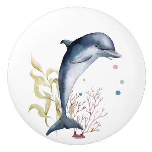 WATERCOLOR DOLPHIN ART COASTAL BEACH VACATION  CERAMIC KNOB