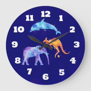 Watercolor Dolphin, Elephant and Kangaroo Large Clock