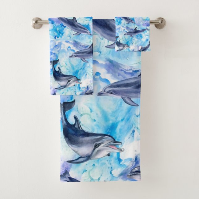 watercolor dolphin fish seamless pattern bath towel set (Insitu)