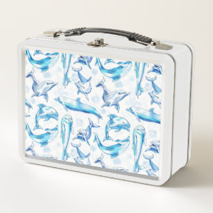watercolor dolphin fish seamless pattern, dolphin metal lunch box