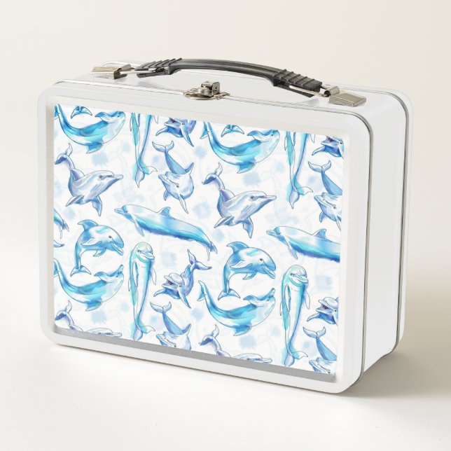 watercolor dolphin fish seamless pattern, dolphin  metal lunch box (Front)