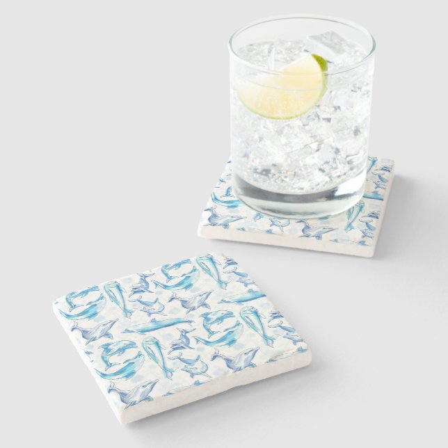 watercolor dolphin fish seamless pattern, dolphin  stone coaster (Side)