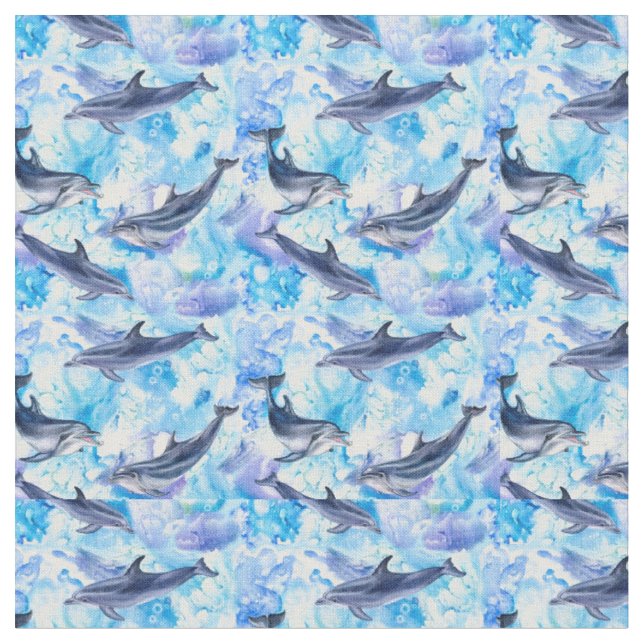 watercolor dolphin fish seamless pattern fabric (Close Up)