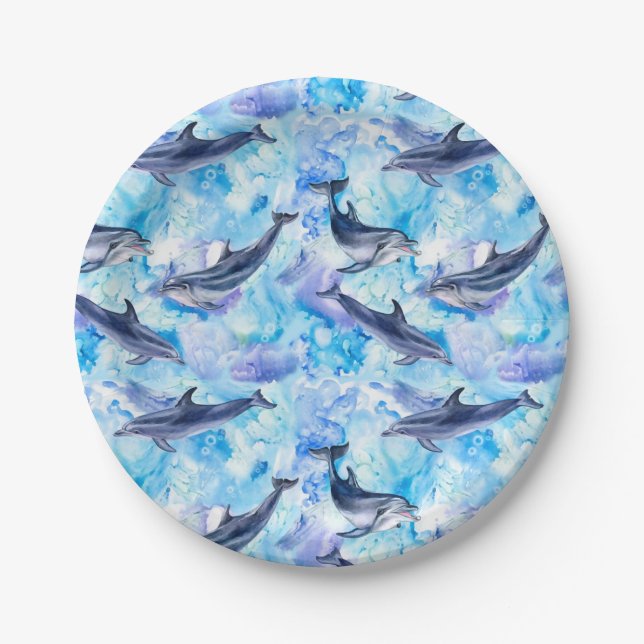 watercolor dolphin fish seamless pattern paper plate (Front)