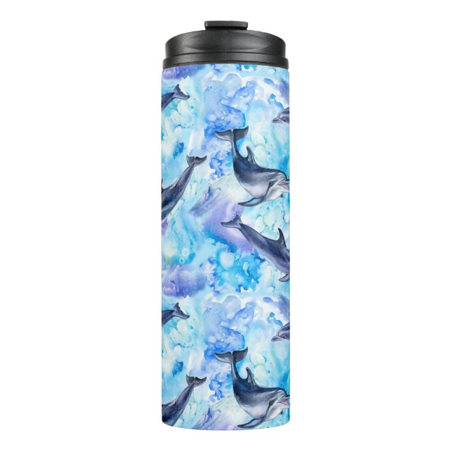 watercolor dolphin fish seamless pattern thermal tumbler (Front)