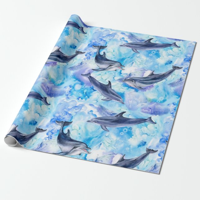 watercolor dolphin fish seamless pattern wrapping paper (Unrolled)