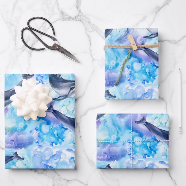 watercolor dolphin fish seamless pattern wrapping paper sheet (Front)