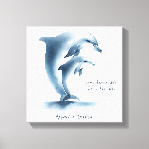 Watercolor Dolphin Mother Baby Calf Blue Nursery Canvas Print