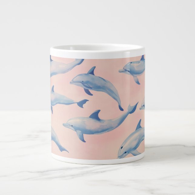 Watercolor Dolphin Pattern Coastal Beach Ocean  Large Coffee Mug (Front)