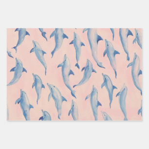 Watercolor Dolphin Pattern Coastal Beach Ocean Wrapping Paper Sheet