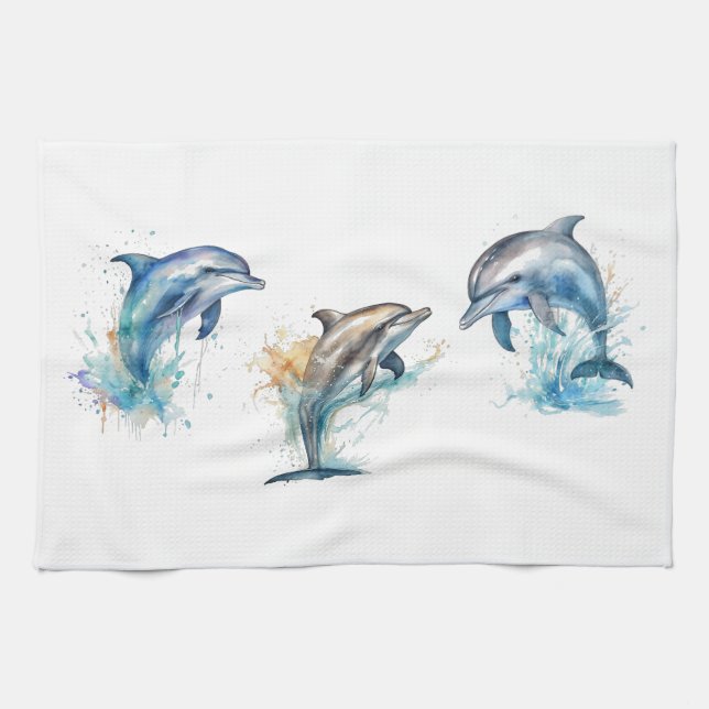 Watercolor Dolphin Trio  Kitchen Towel (Horizontal)