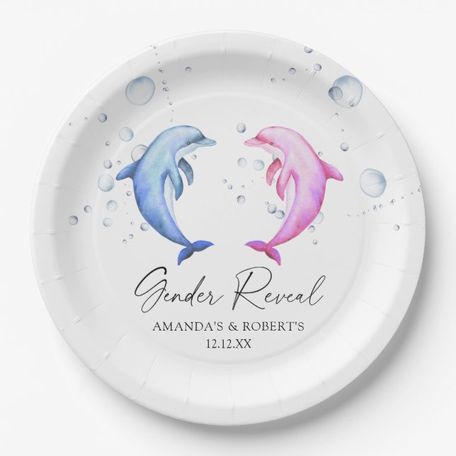 Watercolor Dolphins Gender Reveal Paper Plate (Front)